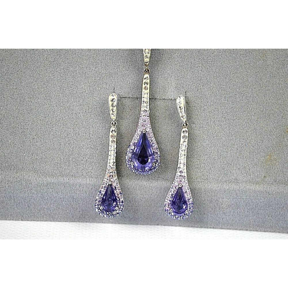 Purple & Clear Stones .925 AU Teardrop Pendant Necklace & Dangle Earring Set